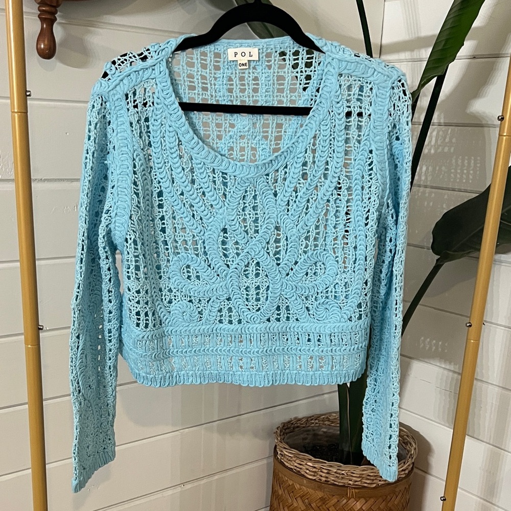 POL Sky Blue Cropped Crochet open knit sweater